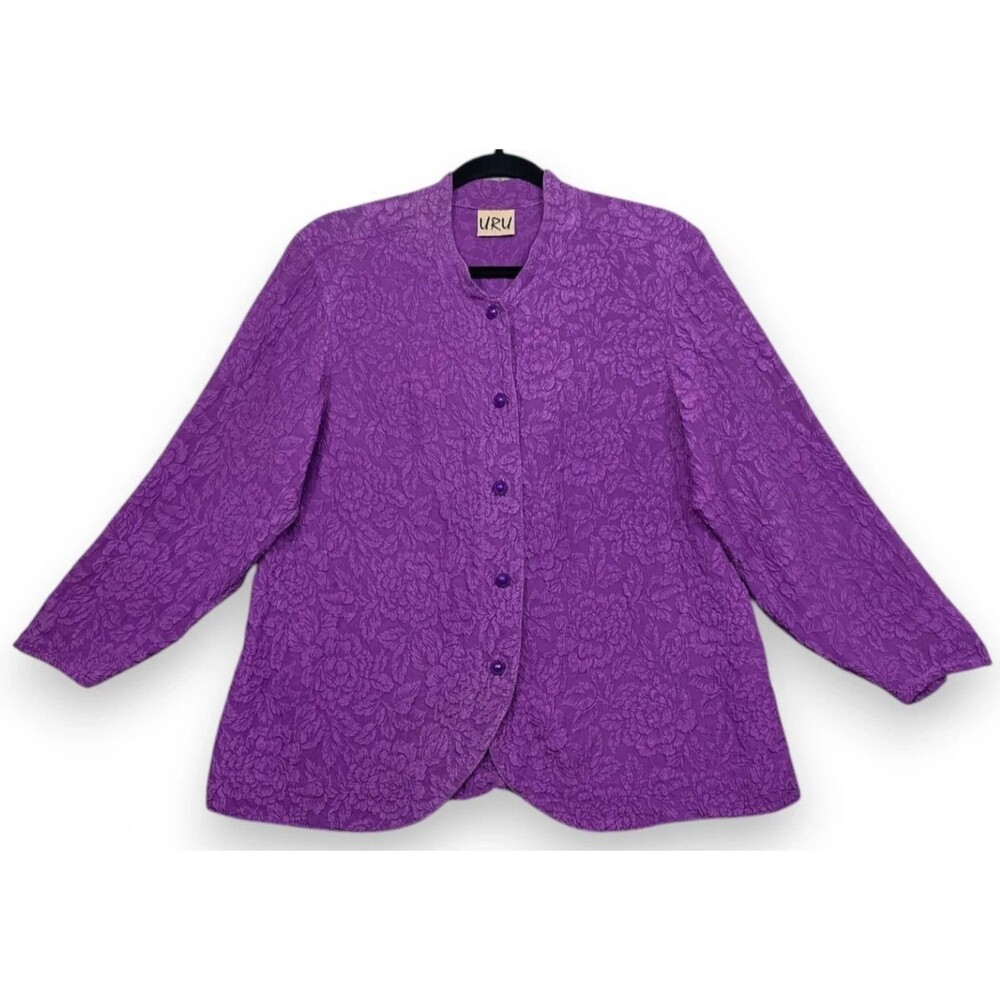 URU 100% Silk Floral Jacquard Top Womens OS Purple Embossed Art To Wear Artsy
